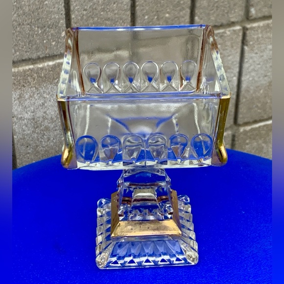 Mid Century Vtg Jeanette Gold Trim Cut Glass Pedestal Wedding Bowl Candy Dish - Picture 4 of 16